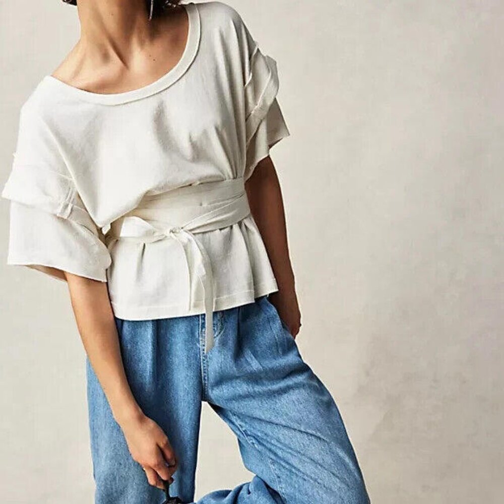 Free People What A Waist Tunic Top Oversized White Cotton Short Sleeve M 257480 - Picture 1 of 7